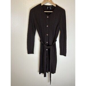 Vintage M Sweater Cardigan Wool Cable Knit Fisherman Academia Brown Duster